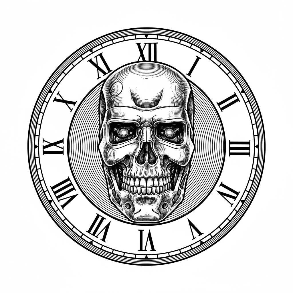 Terminator kör alakú kép, óraszámlappal, mutató nélkül.