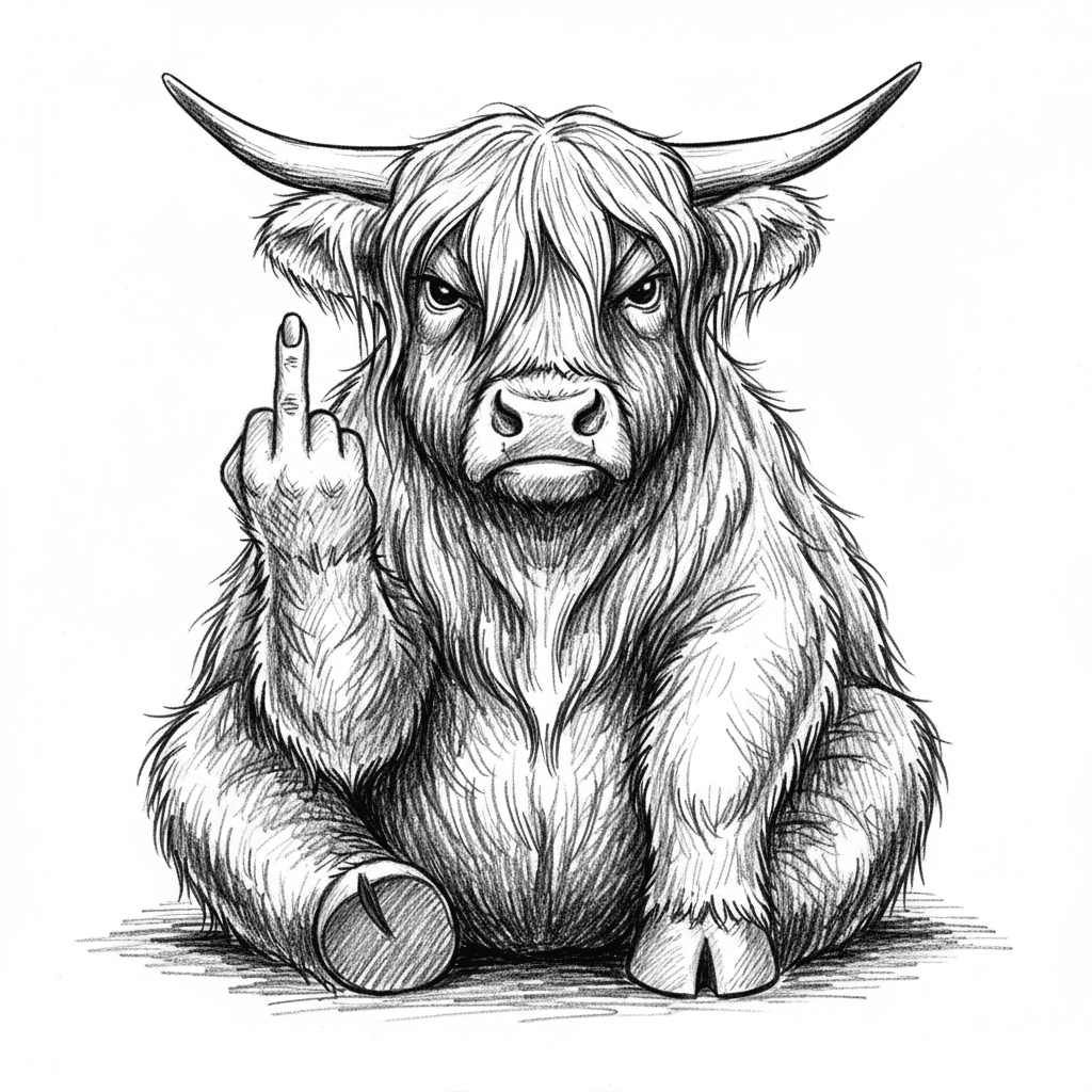 Chubby highland cow sitting down. Giving the middle finger