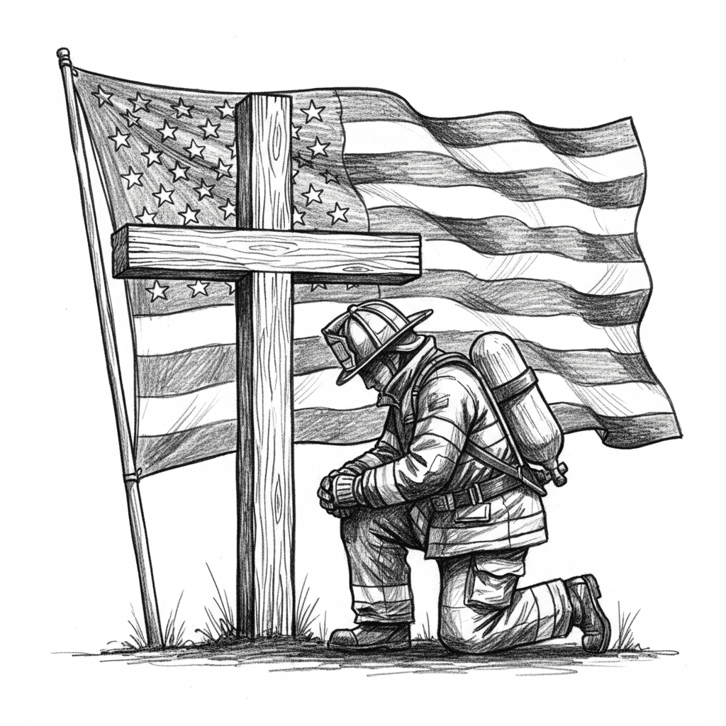 firefighter kneeling at the cross with the american flag behind i