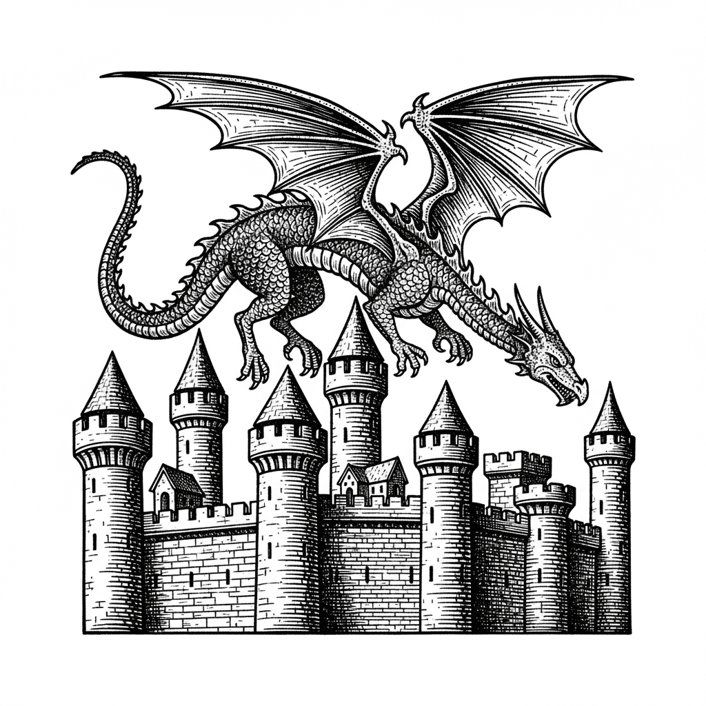 Medieval dragon flying above a stone castle with tall towers and battlements, grayscale medieval woodcut engraving style, bold clean vector line art, high contrast black and grey, cross-hatching shadows, no gradients, symmetrical design, detailed wings and scales, vintage book illustration style, white background, optimized for SVG vector and laser engraving