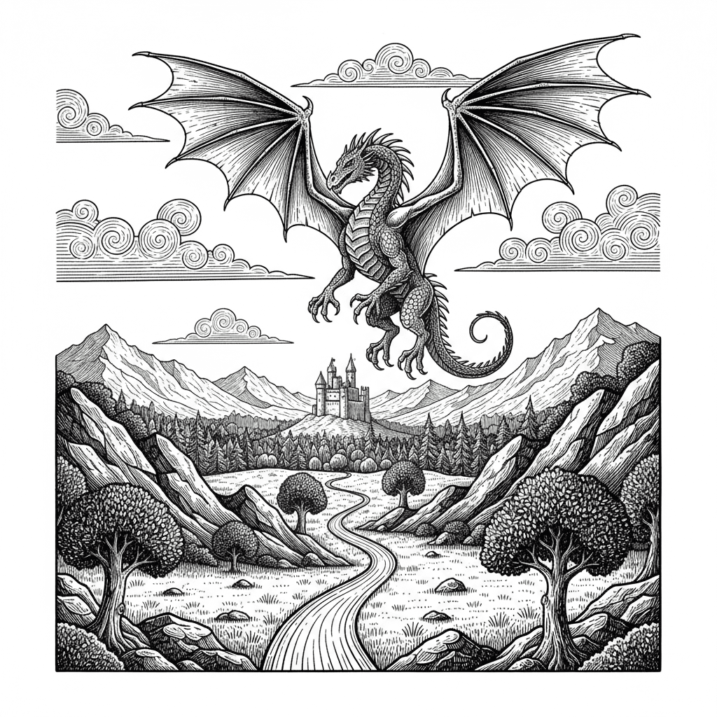 Panoramic medieval fantasy landscape designed for laser engraving, black and gray only, medieval woodcut engraving style. Foreground: rocky hills, grass, small trees, and a winding path. Midground: a dragon flying across the sky with wings spread, detailed scales and claws. Background: a small distant stone castle on a hill far on the horizon with towers and battlements, surrounded by forest. Far background mountains and clouds. Highly detailed environmental scenery, cross-hatching and line shading only, bold clean outlines, high contrast black and white engraving, no gradients, vector line art style, balanced composition, castle small in the distance, suitable for SVG and laser engraving, white background.inspired by medieval manuscript illustrations and vintage fantasy book engravings