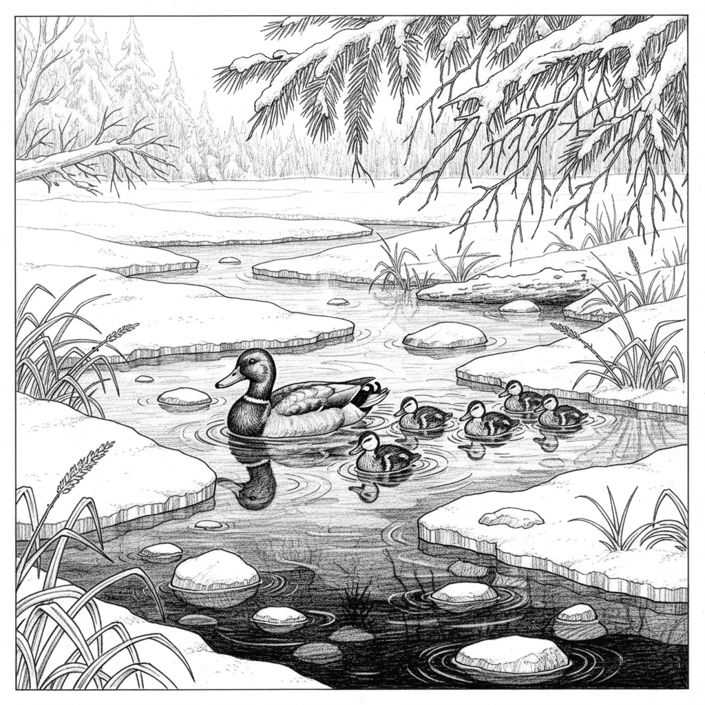 Mother mallard duck leading six ducklings through partially frozen winter creek water. Large ice sheets floating on surface creating geometric angular patterns and shapes. Open water channel cutting through ice formations creating dark pathway for ducks. Snow-covered banks with frost-covered dead grasses bending toward water creating winter atmosphere. Each duck creating individual V-wake in freezing water showing movement and direction. Bare winter willow branches hanging over creek creating intricate twig patterns against sky. Chunks of broken ice scattered across water surface creating texture and depth. Mother duck's colorful plumage contrasting against monochrome winter landscape surrounding scene. Exposed tree roots along bank covered in frost and ice creating crystalline structure. Submerged rocks visible through clear cold water showing creek bottom stones. Overhanging snow-laden pine branch extending into frame from top creating natural frame. Small icicles hanging from fallen log creating delicate frozen formations catching light. Duck reflections fragmenting in water between floating ice pieces creating abstract patterns. Distant snow-covered forest creating white backdrop and sense of cold wilderness. Steam rising from relatively warmer water meeting frigid air creating misty atmospheric effect.