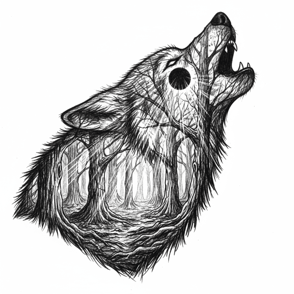 Double exposure of a howling wolf seamlessly blended with a dense forest under full moon, moonlight filtering through tree branches within the wolf's silhouette, intricate fur details merging with bark textures, mystical and haunting atmosphere