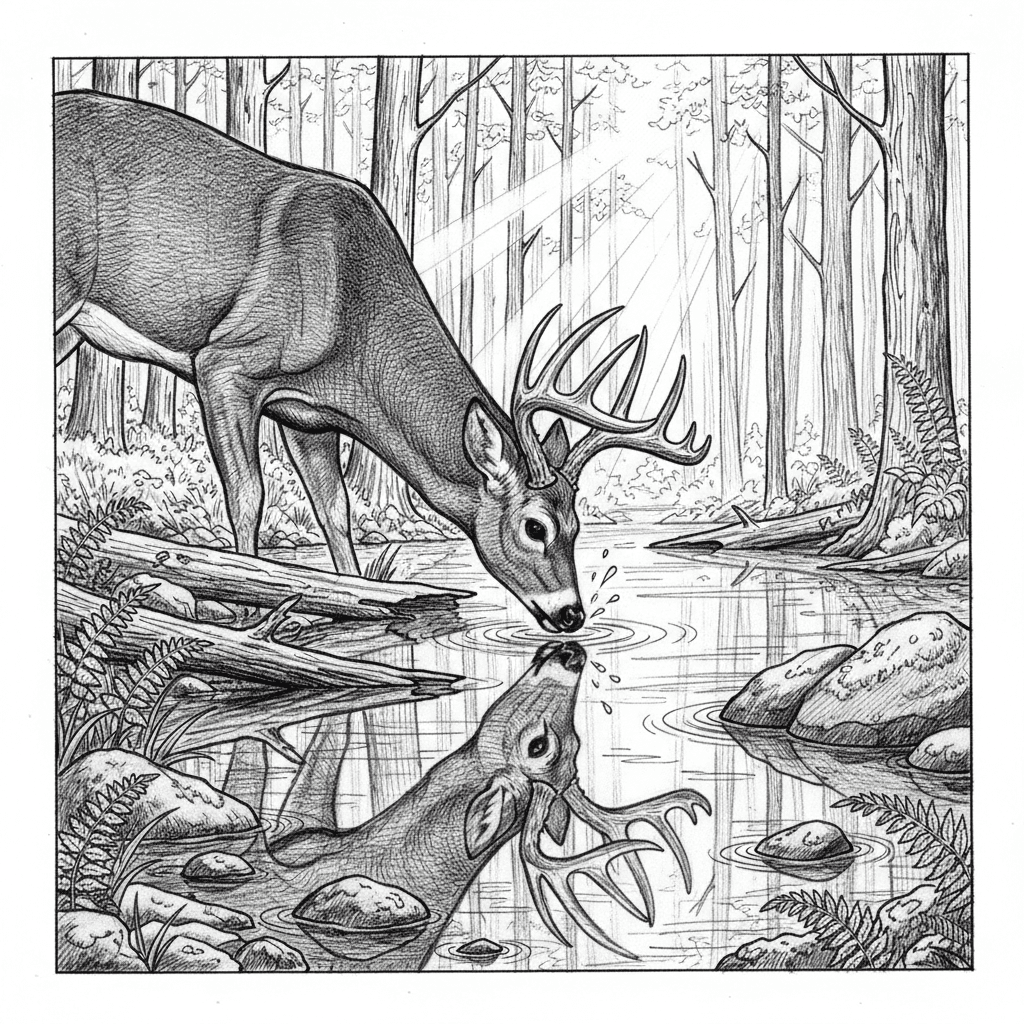 White-tailed deer bending to drink, antlers clearly visible, forest reflection in water, fallen logs on shore, ferns along waterline, rocks in shallow water, deer's reflection, water droplets falling from muzzle, morning light through trees, moss-covered stones