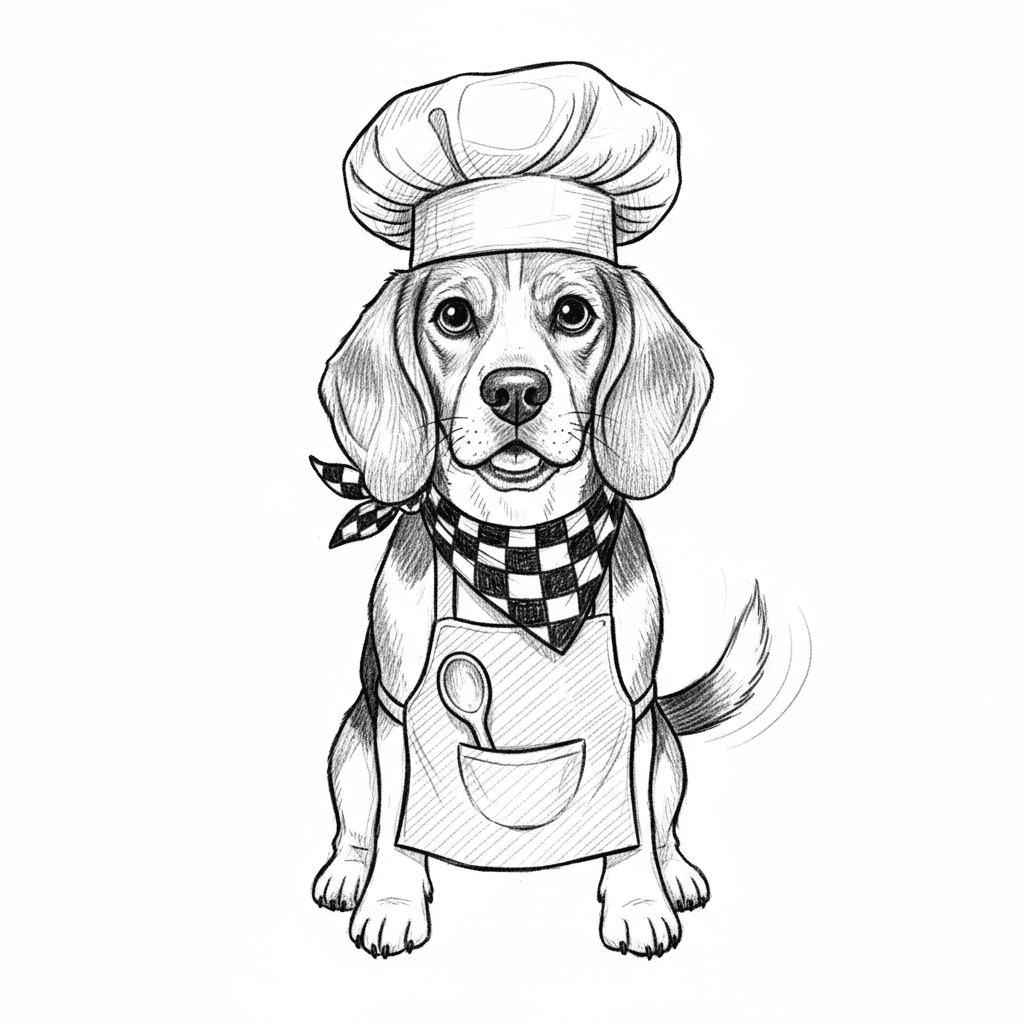 A curious beagle wearing a miniature chef's hat that sits crooked on its head. It has a checkered bandana tied around its neck and tiny apron across its chest. The dog sits upright with an excited, food-focused expression and ears perked forward attentively. A small wooden spoon is tucked into the apron pocket. Its tail is mid-wag.