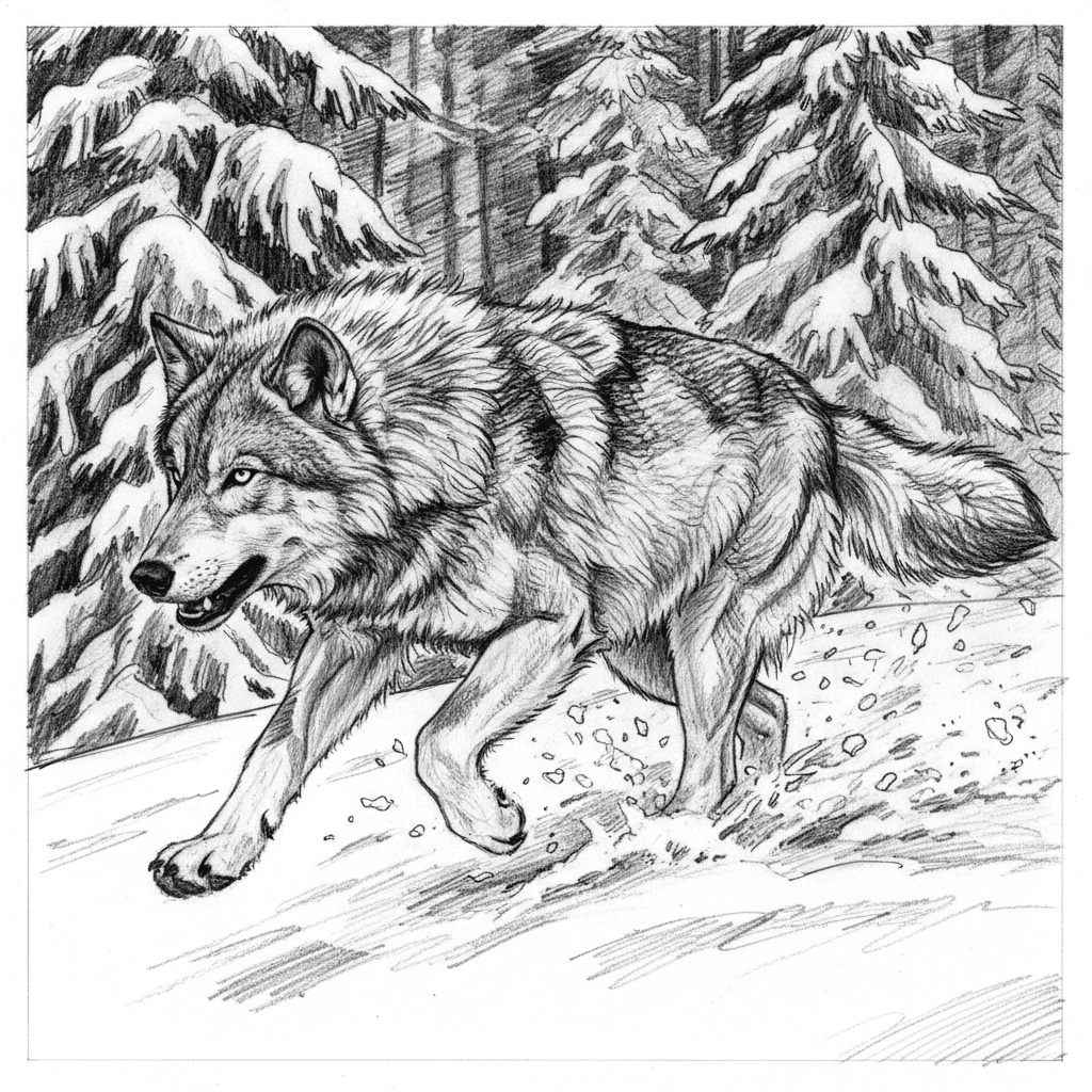 A powerful black and white pencil sketch of a grey wolf running at full speed through snowy forest, body stretched in dynamic horizontal line with muscular definition visible through thick winter coat. Head lowered aerodynamically, ears pinned back, mouth slightly open showing determination. One front paw extended forward while back legs propel with explosive energy, snow spraying dramatically from each footfall. Rich cross-hatching creates layered fur texture moving with wind. Background features snow-laden pine trees blurred with motion, creating cinematic depth. Bold, energetic line work and dramatic contrast capture the raw power and untamed spirit of apex predator racing through wilderness with primal grace and unstoppable momentum.