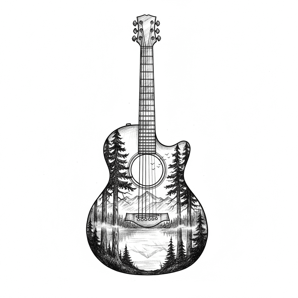 A breathtaking surrealistic pencil composition featuring an acoustic guitar merged with a wilderness landscape scene, executed entirely in graphite on white background. The guitar body should become a window to nature, with a misty forest scene of towering pine trees, a serene lake with reflections, and distant mountains seamlessly integrated within its curves. Render the guitar's wood grain, strings, frets, and tuning pegs with precise technical detail and realistic shading. The landscape elements should be drawn with atmospheric perspective, using softer pencil work for distant elements and sharper detail for foreground trees. Create a mystical quality with carefully rendered mist or fog effects using subtle gradations. Include small details like birds in flight and intricate tree textures to enhance visual interest. The composition should balance the mechanical precision of the instrument with the organic beauty of nature, demonstrating masterful pencil technique and conceptual creativity that makes this piece a conversation-starting work of art.
