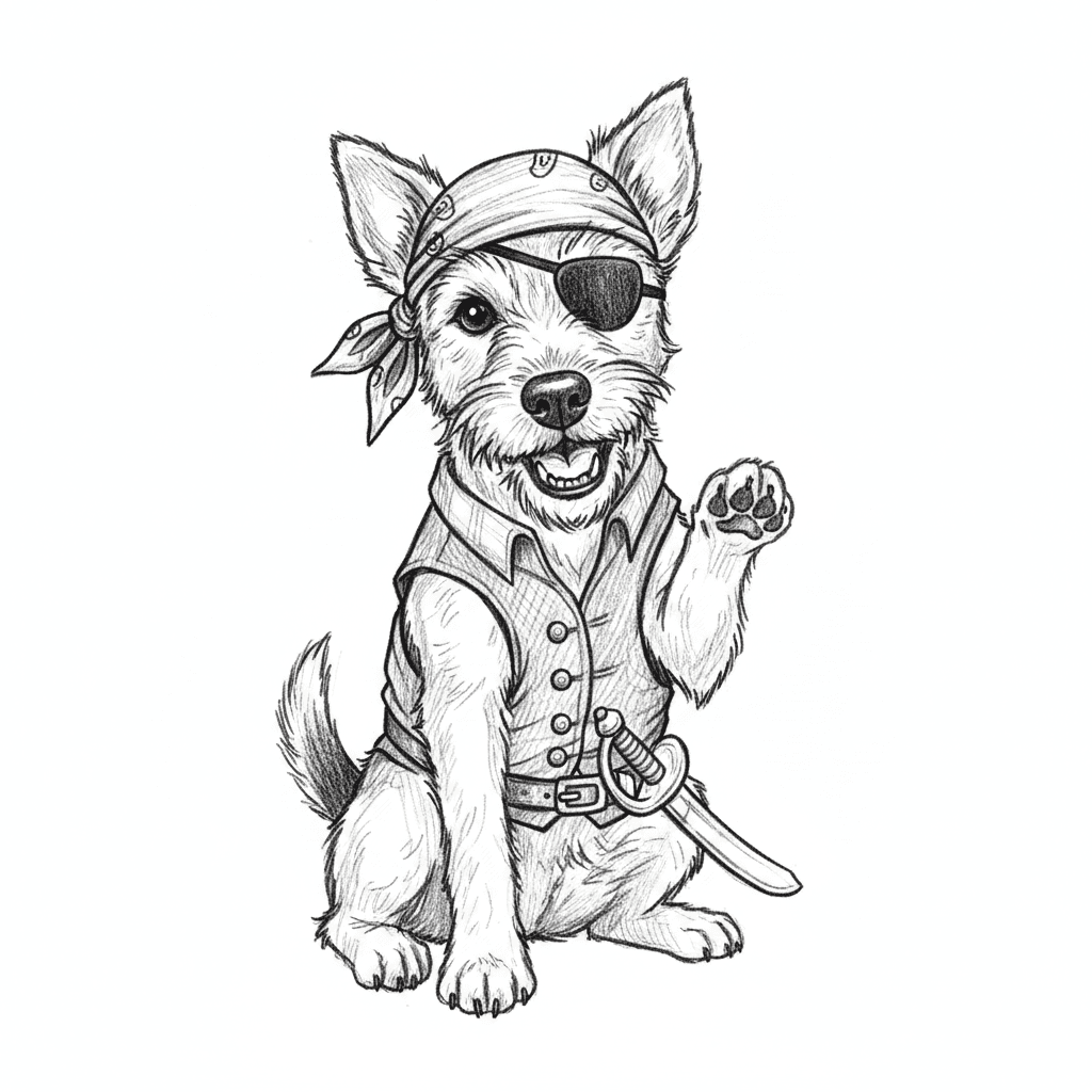 A mischievous terrier wearing a tiny pirate bandana tied around its head. It has an eye patch over one eye and a miniature vest with brass buttons. The dog sits with one paw raised, mouth slightly open showing teeth in a playful grin. A small toy sword attached to a belt around its waist. Its wiry tail stands straight up.