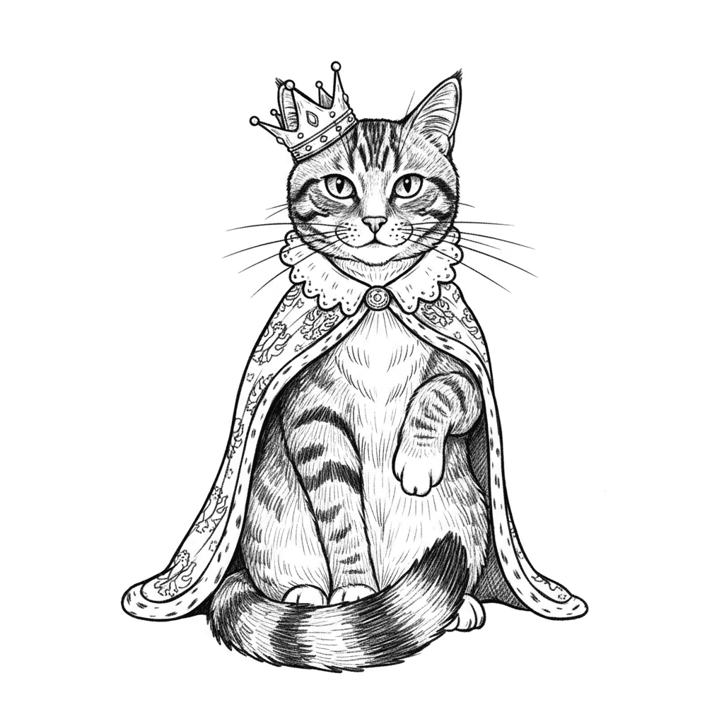 A regal tabby cat wearing a tiny crown tilted slightly to one side. It has a miniature cape draped over its shoulders and white lace collar around its neck. The cat sits with perfect posture, one paw raised elegantly, with a dignified yet slightly smug expression. Golden whiskers catch the light. Its fluffy tail curls around its body.