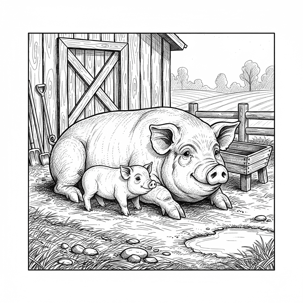 Generate a heartwarming black and white vector pencil sketch illustration showing a large mother pig lying contentedly with her adorable piglet nestled against her in a rustic barnyard environment. The entire composition must be purely monochromatic without any color elements, using only black lines and sophisticated mark-making on white background. Create realistic pig skin texture through careful stippling and fine cross-hatching that shows the wrinkles, folds, and subtle variations in tone across their bodies, with the piglet appearing softer and smoother than the mother. Render the pigs with anatomically accurate features including expressive eyes with gentle highlights, distinctive snouts with nostril details, and rounded ears, all conveying warmth and maternal affection. Include a comprehensive background featuring a wooden barn structure with detailed planking and shadows, scattered straw on the ground created through directional line work, a rustic wooden trough or feeding station, and a wooden fence with posts in the middle distance. Add environmental richness with puddles reflecting light using careful negative space, farm tools leaning against the barn wall, and countryside elements like distant trees and rolling fields using atmospheric perspective. The foreground should feature detailed straw texture, small stones, and muddy ground with varied hatching to show different surface qualities. The artistic style should combine tender animal portraiture with authentic farm life atmosphere, executed with classical engraving sophistication and naturalist illustration precision.