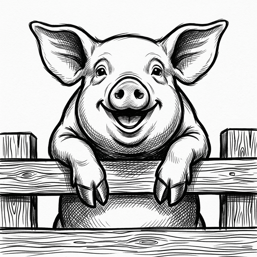 a chubby pig centered leaning over a fence, big smile, ears spread wide, hooves gripping fence, minimal clean composition, black and white vector, bold contour, no gradients, smooth curves