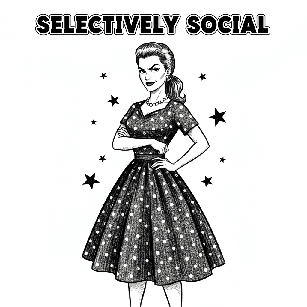 Design a retro 1950s housewife in black and white standing with arms crossed and one hip popped out in a confident stance. She's wearing a polka dot dress with a fitted waist and full skirt, with her hair in a sleek ponytail. Her facial expression should be stern but with a hint of sass, one eyebrow raised skeptically. The illustration style should be vintage advertising art with clean lines and strategic shading. Scatter decorative stars of various sizes around her in a balanced composition. At the top write "SELECTIVELY SOCIAL" in chunky retro block letters. The overall vibe is empowered woman with attitude and vintage charm.