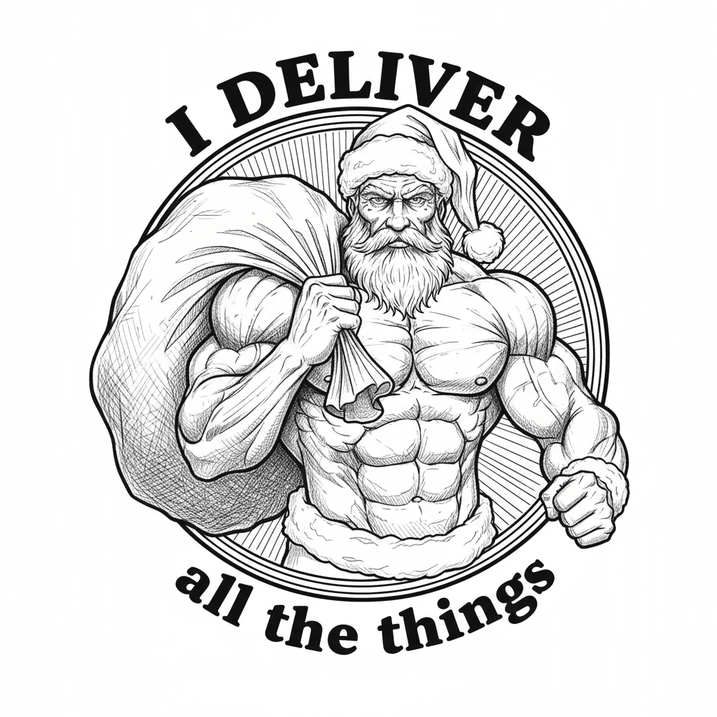 Premium black and white vector art, ultra-jacked bodybuilder Santa in heroic pose within ornate circular badge, bulging muscles with anatomically correct definition and striations, massive gift sack with realistic fabric wrinkles and weight distribution, detailed tattoo-style shading, weathered face with character lines, 'I DELIVER' in bold industrial font at top, 'all the things' in strong typography at bottom, all text with precision engraving lines, comic book meets fine art illustration style, dynamic composition with depth, professional tattoo flash quality, white background