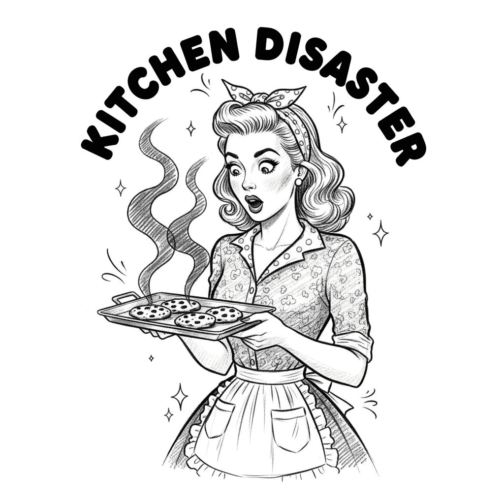 Design a vintage pinup woman from the 1950s in black and white, wearing an apron over a fitted dress, holding a tray with burnt cookies that are smoking. She has perfectly styled waves in her hair with a polka dot headband, looking at the cookies with an exaggerated shocked expression and wide eyes. The art style should resemble vintage cookbook illustrations with clean line work and cross-hatching. Surround the scene with small decorative stars and swirls. Include the text "KITCHEN DISASTER" arched above in bold retro typography.