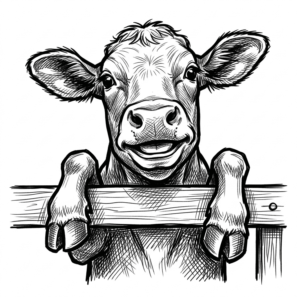a happy cow centered leaning over a fence, big smile, ears spread wide, hooves gripping fence, minimal clean composition, black and white vector, bold contour, no gradients, smooth curves, strong silhouette, SVG-ready, all elements connected