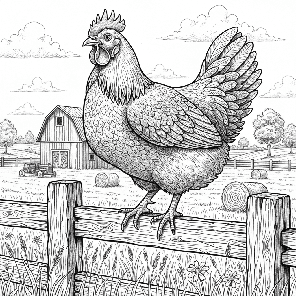 Create a highly detailed black and white vector pencil sketch illustration featuring a proud hen perched majestically on a weathered wooden fence rail in a vibrant farmyard setting. The artwork must be rendered entirely in monochrome using only black ink on white background with intricate cross-hatching and fine line work throughout. Develop the hen's elaborate feather patterns through meticulous layered hatching that shows individual feather details, wing texture, and the distinctive comb and wattles with naturalistic accuracy. The wooden fence should display rich texture with aged grain patterns, knots, splinters, and rustic character created through varied line weights and directional hatching. Include a richly detailed background featuring a classic red barn with vertical board siding, rolling hills with atmospheric perspective, scattered hay bales, wildflowers and tall grass in the foreground, and fluffy clouds in the sky using delicate stippling techniques. Add depth with additional fence posts receding into the distance, farm equipment silhouettes, and trees with detailed foliage using fine line work. The composition should balance the prominent hen in the foreground with the expansive pastoral landscape behind, creating a complete and immersive farm scene that evokes nostalgic countryside charm with museum-quality illustration technique.