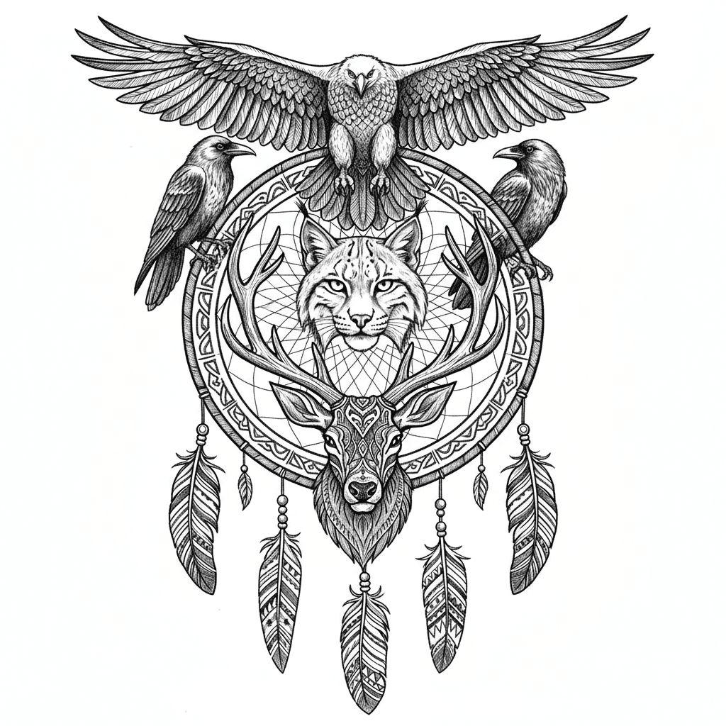 Four spirit animals arranged in dreamcatcher composition: fierce lynx, majestic eagle, wise elk, and crow. Intricate dreamcatcher frame with woven web pattern at center. Decorative feathers hanging below with beads and ornamental details. Black and white vector illustration style, high contrast ink drawing, detailed line work, crosshatching and stippling techniques, Native American inspired tattoo art style, symmetrical composition, professional wildlife portrait quality, sharp details on fur and feathers, dramatic shadows, pen and ink aesthetic