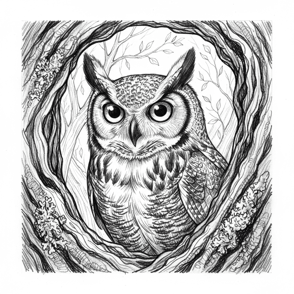 A mystical black and white pencil sketch of a great horned owl peering out from hollow tree trunk, body positioned at slight angle creating depth and mystery. Penetrating eyes glow with nocturnal intelligence, feather tufts creating dramatic ear-like silhouette. Intricate cross-hatching captures layered plumage texture with each feather individually defined. Gnarled bark frames the opening organically with moss and lichen details. Background shows moonlit forest branches creating atmospheric depth with delicate hatching. Soft gradations between deep shadow and silvery highlights create ethereal nocturnal mood, capturing the ancient wisdom and silent grace of forest guardian watching over darkened woods with supernatural presence and haunting beauty.