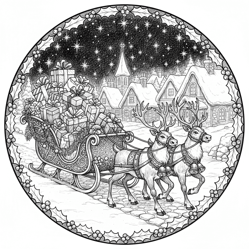 Ornate vintage sleigh filled with wrapped presents and pine garlands, two reindeer harnessed at front with decorative bells, snowy village cottages with glowing windows in background, church steeple rising above rooftops, stars twinkling in night sky, cobblestone path covered in fresh snow, holly berries and leaves framing the scene. Detailed pen and ink style, round format.