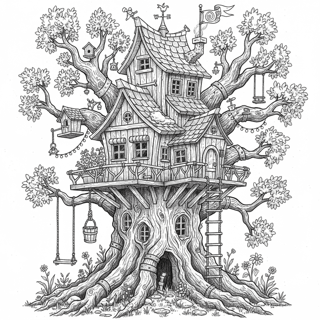 A whimsical yet detailed pencil drawing of an elaborate treehouse built in a massive old oak tree, executed with architectural imagination on pure white paper using graphite. Draw the enormous tree trunk with incredible bark texture showing deep furrows, knots, hollow areas, and centuries of growth. The treehouse should be a fantastical multi-level structure with careful architectural detail - wooden plank walls with visible grain and nail heads, shingled roof with individual shingles and moss growth, multiple windows with paned glass showing reflections, a wrap-around deck with railing constructed from branches, rope ladder with frayed natural fiber texture, and a pulley system with rope and bucket showing weathered wood and metal. Include whimsical details like a small chimney with smoke suggested through soft gradation, flower boxes with overflowing plants, string lights, and perhaps a small flag or weather vane. The tree's massive branches should support the structure naturally with boards secured around them. Add surrounding foliage with detailed leaf clusters, smaller branches, and perhaps tree swings or bird houses. Ground level should show the tree's root system, wildflowers, and forest floor details. This magical dwelling should inspire childhood wonder through meticulous drawing that makes the impossible seem possible.
