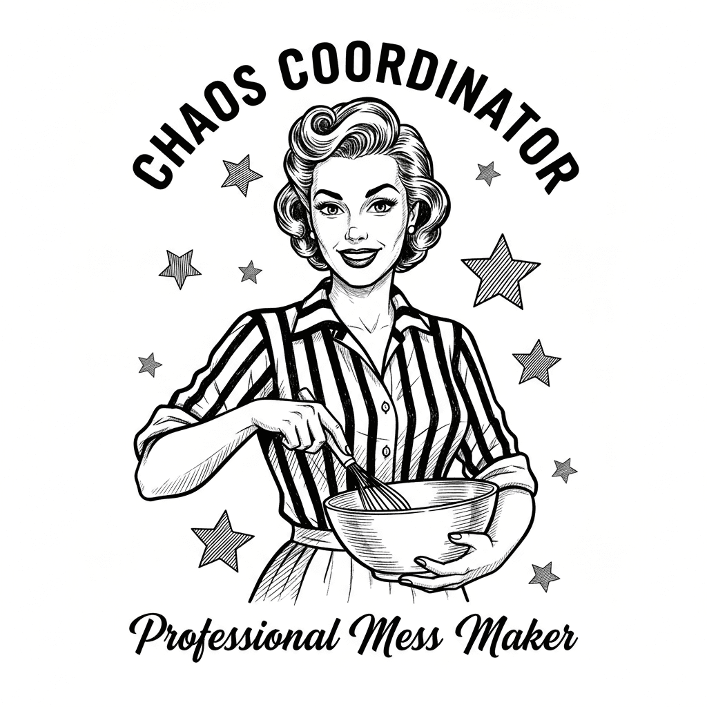 Create a vintage 1950s style black and white illustration of a confident housewife with victory rolls hairstyle wearing a striped button-up shirt. She is holding a large mixing bowl with a whisk in her hand, smiling with a mischievous expression. The art style should be retro line art with cross-hatching shading techniques. Surround her with decorative stars in various sizes scattered around the composition. At the top in an arc formation, write "CHAOS COORDINATOR" in bold vintage typography. At the bottom in elegant script font, add the text "Professional Mess Maker". The overall design should have a 1940s advertising poster aesthetic with a sassy, humorous tone.