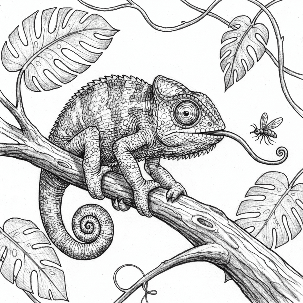 A striking black and white pencil sketch of a chameleon gripping tree branch with curled prehensile tail wrapped elegantly around bark, body positioned at dynamic diagonal. Textured skin shows individual scales rendered with meticulous stippling and cross-hatching, creating reptilian detail. One eye rotates independently while other focuses forward, showing alien intelligence. Splayed feet with specialized toes grip bark naturally. Long tongue extends toward flying insect creating action and humor. Background features tropical foliage with large leaves and vines arranged asymmetrically. Dappled light creates camouflage patterns on skin with subtle gradations, capturing the bizarre beauty and prehistoric strangeness of nature's master of disguise frozen in hunting moment with patient precision.