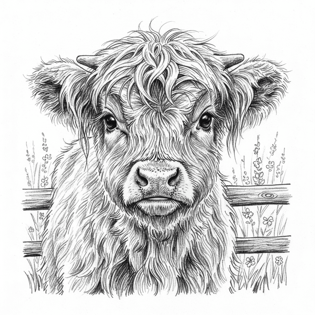 A heartwarming pencil portrait of a young Highland calf with its characteristic shaggy coat, rendered with exceptional tenderness on pure white paper using graphite. Capture the calf's innocent, wide-eyed expression with large dark eyes showing curiosity and gentleness, long eyelashes carefully detailed, and a small wet nose with realistic texture. The calf's distinctive long, fluffy coat should be meticulously drawn with thousands of individual pencil strokes showing the wavy, windswept hair texture flowing in multiple directions. Pay special attention to the fringe covering the forehead and eyes, the ear tufts peeking through the fur, and the way the coat creates a soft, almost teddy bear-like appearance. Include the small developing horns just beginning to emerge. The facial features should convey the characteristic sweet temperament of Highland cattle. Add a simple background suggesting Scottish highlands with soft-focus heather or wildflowers, and perhaps a wooden fence rail with weathered texture. Use gentle shading to create the three-dimensional roundness of the calf's face and body while maintaining the soft, fluffy quality of the coat. This adorable portrait should melt hearts and celebrate the charm of these iconic Scottish cattle through masterful pencil artistry.