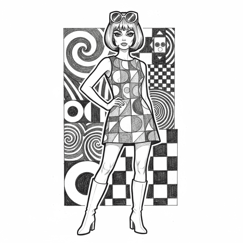 Design a magnificent 1960s mod woman in black and white with a geometric bob haircut and dramatic cat-eye makeup with heavy eyeliner and false lashes. She's wearing a mini dress with bold geometric patterns, white go-go boots, and oversized circular sunglasses pushed up on her head. Her pose is confident and cool, standing with one hip popped out and hand on her waist. The art style should be bold pop art inspired with strong outlines and high contrast. Add psychedelic swirls, op-art patterns, and mod geometric shapes in the background. Include fashion illustration elegance with a swinging sixties vibe that captures the revolutionary style of the era.