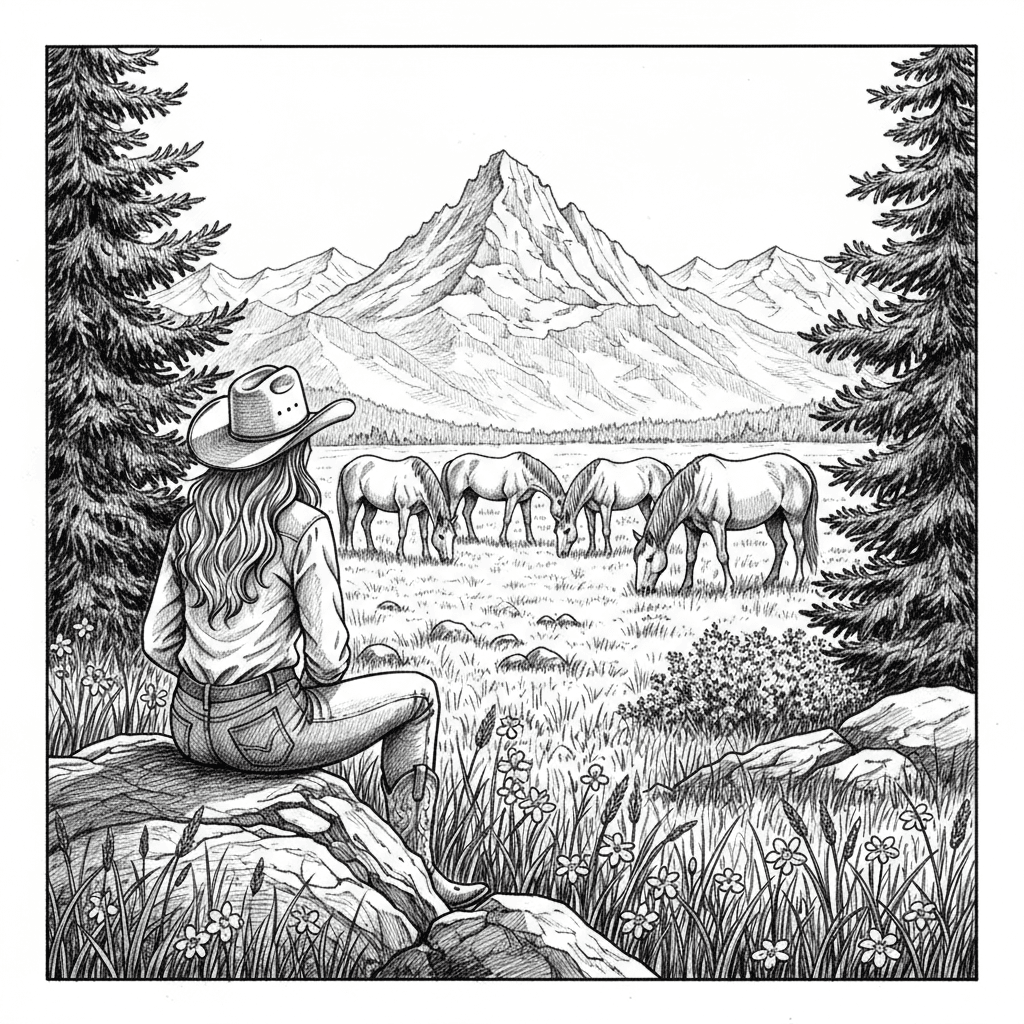 A contemplative pencil composition showing a cowgirl sitting on a rock viewing horses grazing in a mountain meadow, drawn entirely in graphite on white background. The woman should be rendered from behind, wearing a classic cowboy hat with long flowing hair, western shirt with detailed fabric folds, fitted jeans, and authentic cowboy boots. Her relaxed posture on the textured rock should convey peaceful observation. In the mid-ground, draw horses with careful anatomical accuracy and shading that shows their muscular forms and coat textures. The background should feature a dramatic mountain range with a prominent jagged peak, rendered with precise line work showing rocky faces, snow patterns, and atmospheric perspective. Include foreground details like prairie grass and wildflowers with varied textures. Add evergreen trees to frame the scene, drawn with individual needle clusters and realistic bark. Use sophisticated gradation and shading techniques to create depth and atmosphere. This composition should evoke the freedom and beauty of the American West while demonstrating masterful pencil artistry suitable for prominent display.