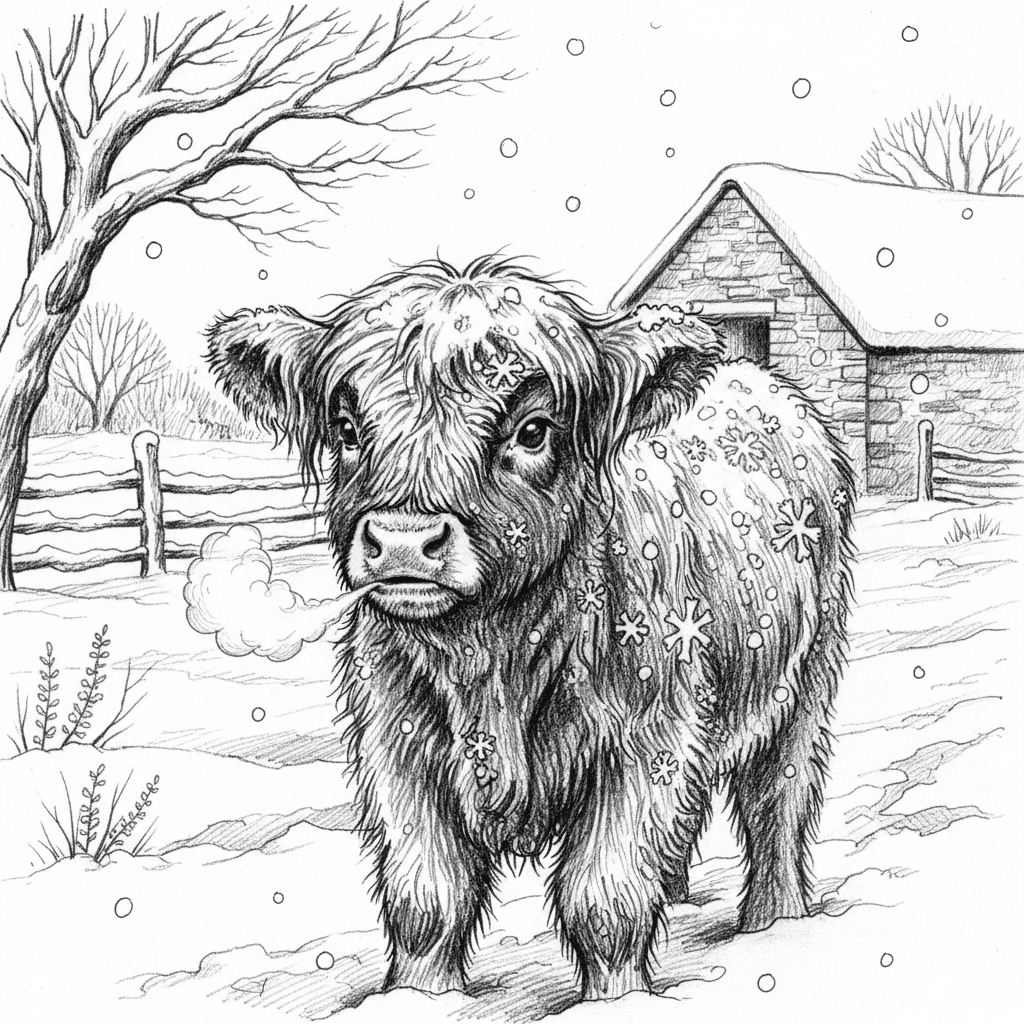 A enchanting pencil scene of a young Highland calf experiencing snow, rendered with winter magic on pure white paper using graphite. Draw the adorable calf with snowflakes caught in its long shaggy coat, each flake visible as a tiny perfect crystalline form on the dark hair. The calf's fluffy coat should be dusted with snow especially on the back and head, showing the contrast between the pristine white snow and dark fur through careful value control. Capture the calf's curious expression as it perhaps tastes or investigates falling snow, with its breath visible as soft vapor in cold air suggested through delicate gradation. The long facial fur should have individual snowflakes clinging to it. Include winter landscape elements like snow-covered ground with realistic snow texture showing depth and drift patterns, bare tree branches weighted with snow showing individual twig detail, a traditional stone byre or barn with snow on the roof in the background, and falling snowflakes throughout the composition shown as white spaces against darker values. Add snow-laden fence posts and perhaps frozen heather poking through snow cover. Use subtle shading to suggest the soft light quality of an overcast winter day. This charming winter scene should capture the wonder of a young animal's first snow experience through delicate pencil work.