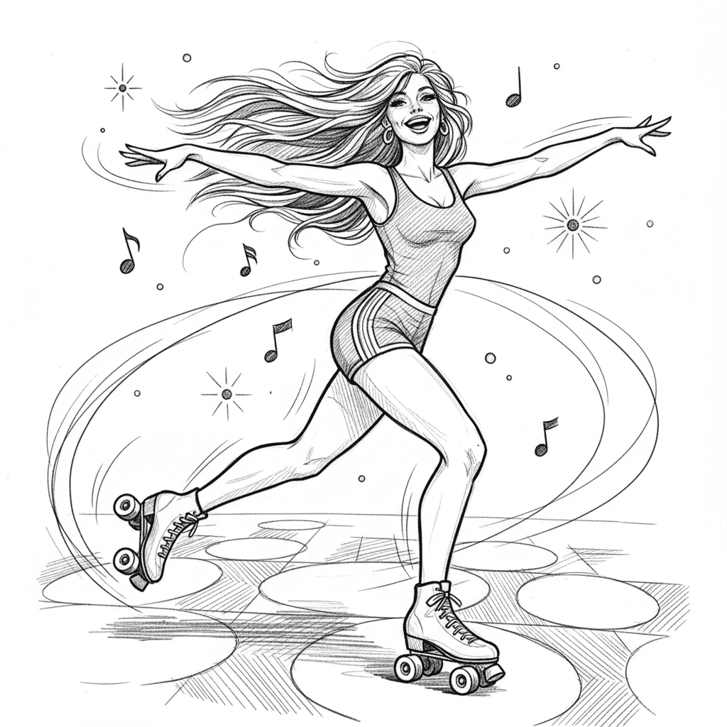 Create a mesmerizing 1970s roller disco skater in black and white, wearing short shorts with rainbow stripes down the sides, a fitted tank top, and classic quad roller skates with huge wheels. Her feathered hair flows behind her as she glides gracefully with arms extended like wings. She's captured mid-glide in an elegant skating pose with one leg extended behind. Expression shows pure joy and freedom. The art style should have fluid motion with dynamic movement lines and graceful curves. Add disco ball sparkles, musical notes, and circular motion trails. Include roller rink floor patterns and skating culture elements. Capture the roller disco craze with athletic grace and 1970s recreational fun energy.