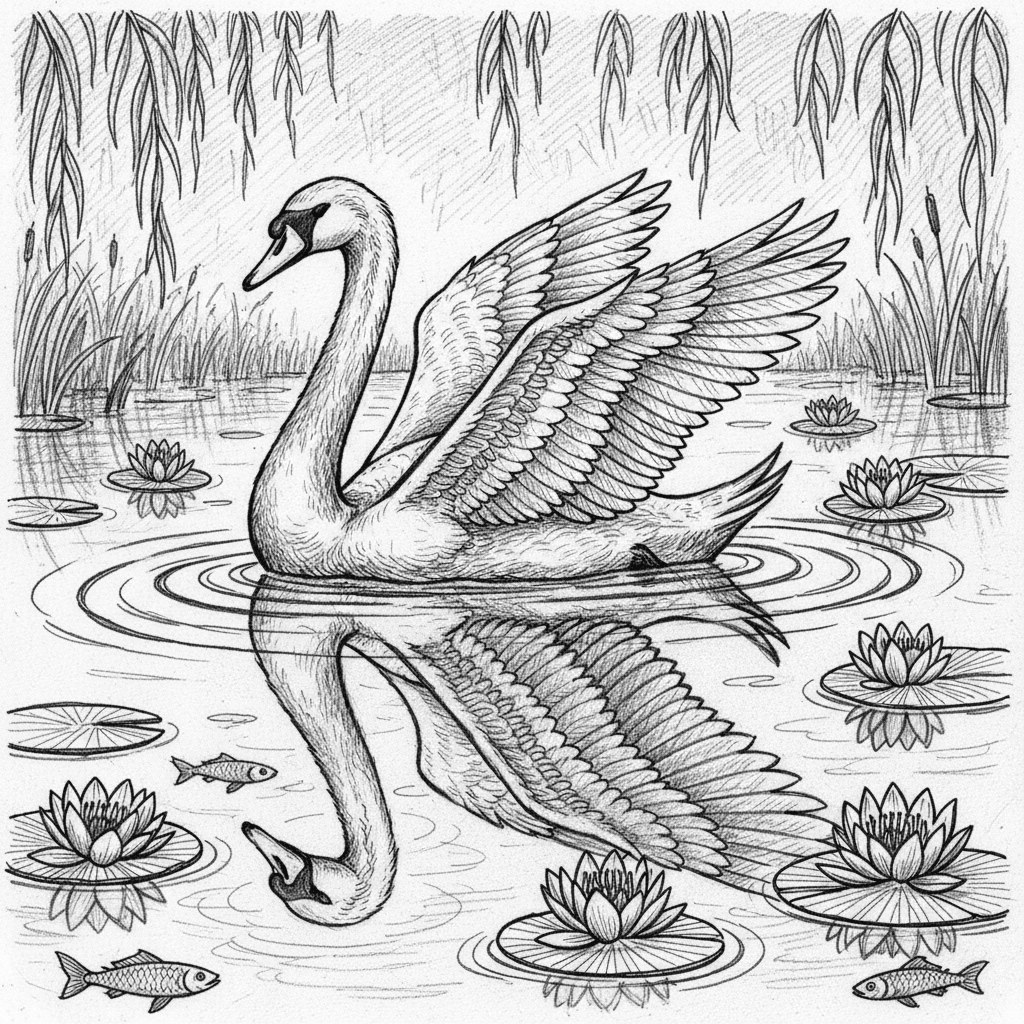 Mute swan gliding across lake, wings slightly raised, long neck curved gracefully, swan's perfect reflection, water lilies scattered around, reeds on shoreline, small fish visible beneath surface, water ripples spreading, overhanging willow branches, misty background