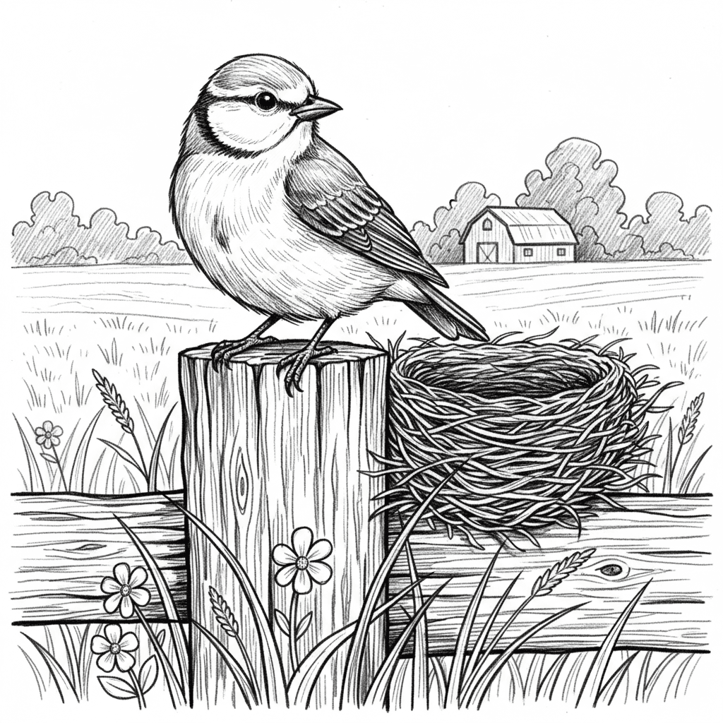 A calm Eastern Bluebird, a classic symbol of American country life, rests gently on a wooden fence post beside its normally sized nest. The illustration should be entirely in black and white, drawn with soft, clean linework that avoids solid black areas or heavy shadows. The bird’s feathers are rendered with delicate strokes, giving a light and natural texture without dark contrast. Its nest is normal in size, crafted from thin twigs and grasses, illustrated with airy, controlled lines that keep the composition bright and engraving-friendly. Around the post, small wildflowers, light grasses, and subtle details of weathered wood create a peaceful rural atmosphere. In the distance, faint fields, soft tree lines, or the silhouette of a barn add gentle country depth without overpowering the scene. The visual impression should be warm, inviting, and striking, capturing a perfect moment of American country life with a beautifully detailed bird and its naturally sized nest.