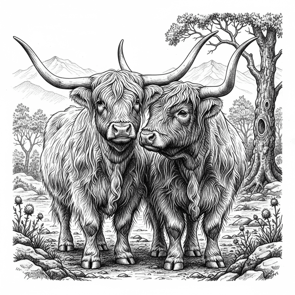A majestic pencil double portrait of two adult Highland cattle standing side by side, executed with impressive scale on white background using graphite. Draw both animals with their magnificent long horns prominently displayed, each set with unique curves and character, showing the texture of horn material with growth rings and weathered surfaces. Their massive shaggy coats should be rendered in incredible detail with thousands of individual hair strokes creating realistic texture, showing how the coat parts naturally, hangs in thick curtains along their sides, and creates the distinctive long fringe that nearly obscures their faces. One cow could be looking directly at viewer with a gentle expression, while the other is in profile showing the full impressive curve of horns. Include authentic breed characteristics like their broad muzzles, sturdy legs with feathered lower portions where long hair covers the hooves, and powerful build. Add details like one cow nuzzling or leaning slightly toward the other suggesting companionship. The background could feature classic Highland scenery with misty mountains rendered in soft atmospheric perspective, ancient gnarled trees with detailed bark, rocky terrain with moss and lichen, and native Scottish flora. Use masterful shading to distinguish between the two animals while creating overall harmony. This commanding piece should showcase the impressive presence of these iconic cattle.