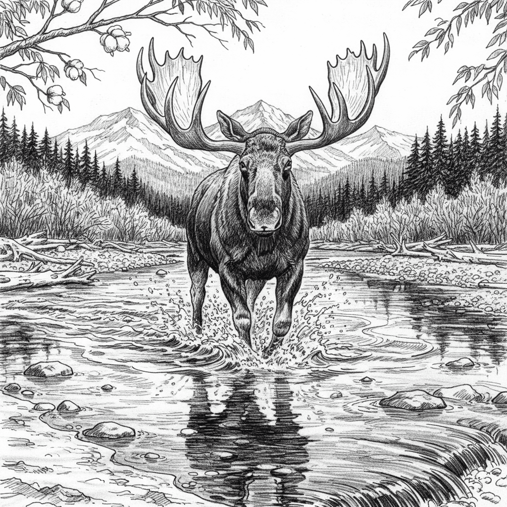 Massive bull moose mid-stride crossing wide shallow river with water splashing around powerful legs. Enormous antler rack spreading wide with detailed velvet texture and tines clearly visible. River bottom gravel and stones visible through flowing water around moose's legs showing depth. Moose creating dramatic bow wave as it powers through current showing strength and determination. Gravel bar visible on far shore with scattered driftwood logs bleached white by sun. Dense willow thickets growing on both riverbanks creating walls of green vegetation and habitat. Strong current lines visible in water flowing around moose body showing water movement direction. Mountain range with snow-capped peaks reflected in calmer water sections behind moose creating grandeur. Submerged boulders visible beneath clear water creating obstacles in river crossing path. Moose's reflection distorted by moving water creating abstract fragmented mirror image below. Overhanging cottonwood branches extending from near bank creating natural frame and shade. Small rapids forming downstream from moose creating white water and turbulent flow patterns. Sandy beach area on near shore showing tracks and animal pathways to water. Background coniferous forest covering mountain slopes creating dark green layered backdrop. Water droplets spraying from moose's movement frozen in air creating sense of explosive dynamic action