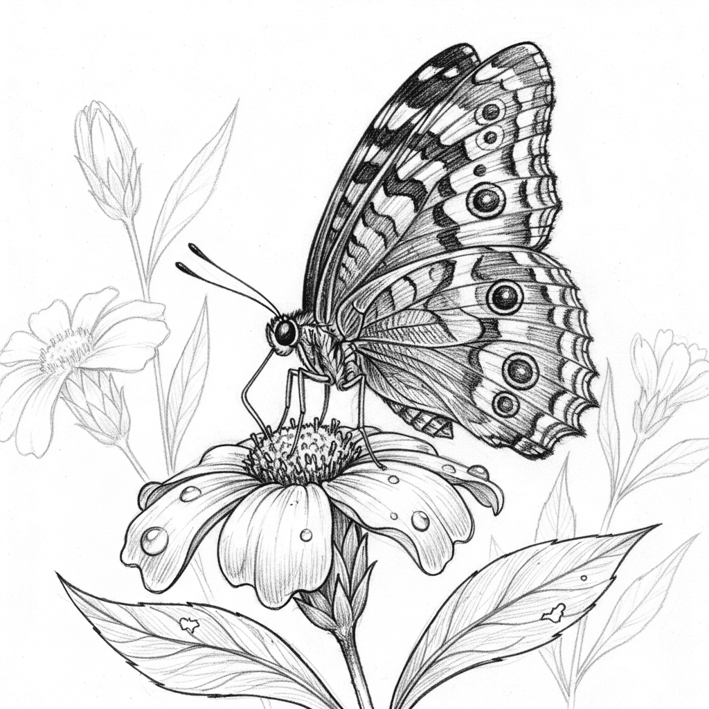 An exquisitely detailed pencil study of a butterfly resting on a blooming wildflower, rendered with scientific precision and artistic beauty on white background using graphite. Draw the butterfly with its wings partially open, showing the intricate scale patterns, wing veination, and delicate edges with microscopic accuracy. Each wing section should display authentic markings whether spots, stripes, or eyespots rendered with careful gradation. The butterfly's body should show fine segmentation, fuzzy thorax texture, compound eyes, and delicate antennae with proper anatomy. The flower beneath should be botanically accurate with every petal showing natural curves, subtle veining, and soft texture through careful blending. Include the flower's stamen and pistil with fine detail, sepals, and stem with realistic plant texture. Add leaves with visible vein structures and natural imperfections. Incorporate morning dew drops on petals rendered as perfect spheres with highlights and reflections showing dimensional form. The background should include softly suggested additional flora. This piece should combine the precision of natural history illustration with the aesthetic appeal of fine art, suitable for both scientific appreciation and elegant display.