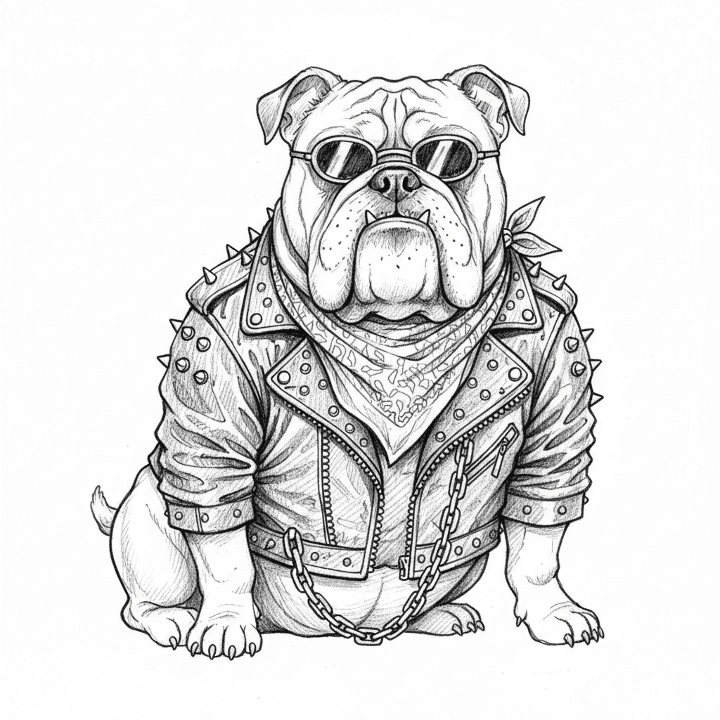 A stocky bulldog wearing a leather motorcycle jacket with studs. It has a bandana tied around its thick neck and tiny sunglasses resting on its wrinkled snout. The dog sits with a tough, no-nonsense expression and jowls hanging impressively. A small chain wallet attached to a collar. Its stubby tail barely visible beneath its bulk.
