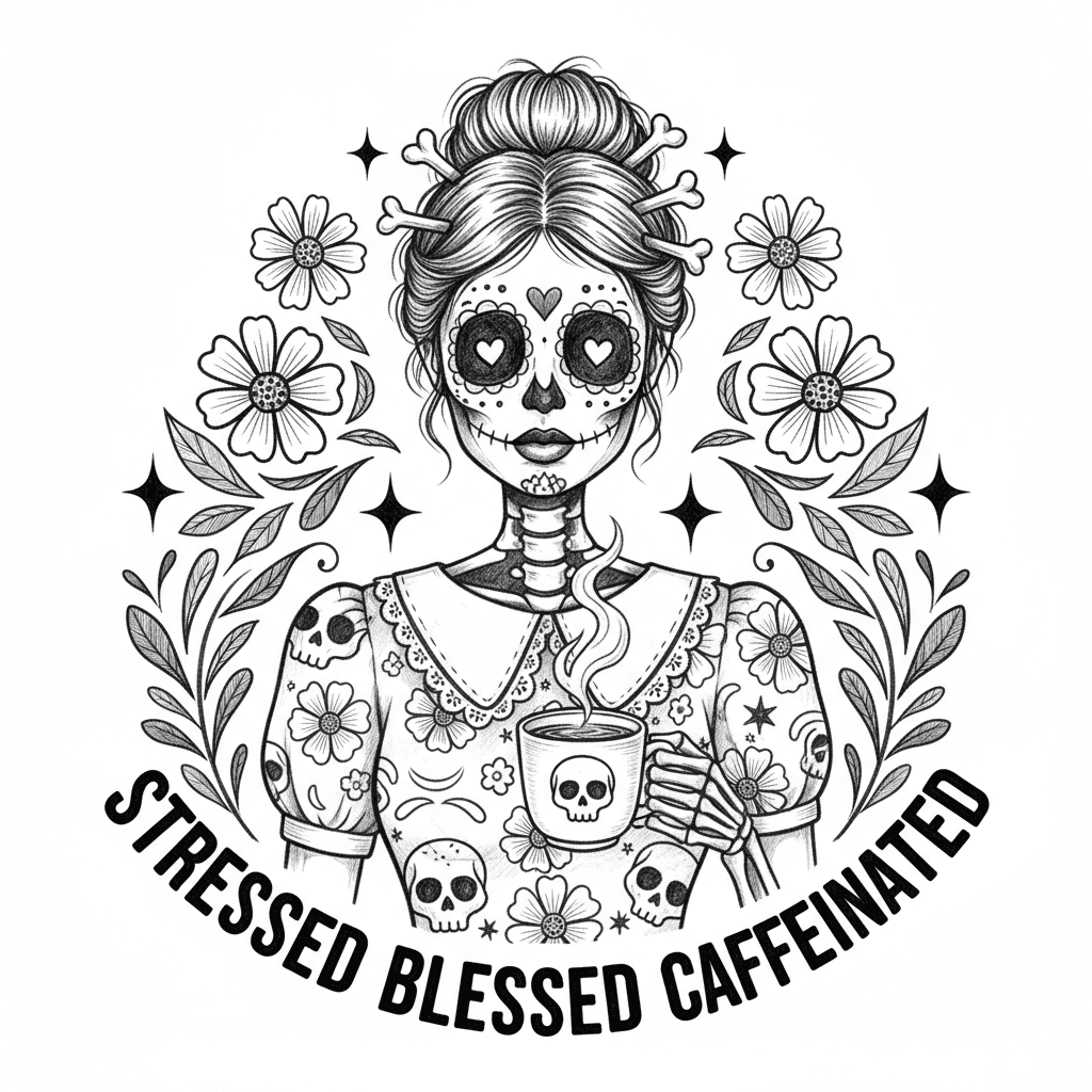 Design a Day of the Dead inspired skeleton woman with a messy bun hairstyle, wearing a floral patterned dress with lace collar details in black and white illustration style. She is holding a steaming coffee cup with a skull and crossbones symbol on it, looking directly forward with hollow eye sockets decorated with small hearts. Surround the figure with decorative flowers and star shapes in a symmetrical arrangement. The art style should blend Mexican folk art with 1950s American vintage aesthetics. Include the text "STRESSED BLESSED CAFFEINATED" curved along the bottom in bold uppercase letters. The illustration should have intricate line work and a darkly humorous tone.