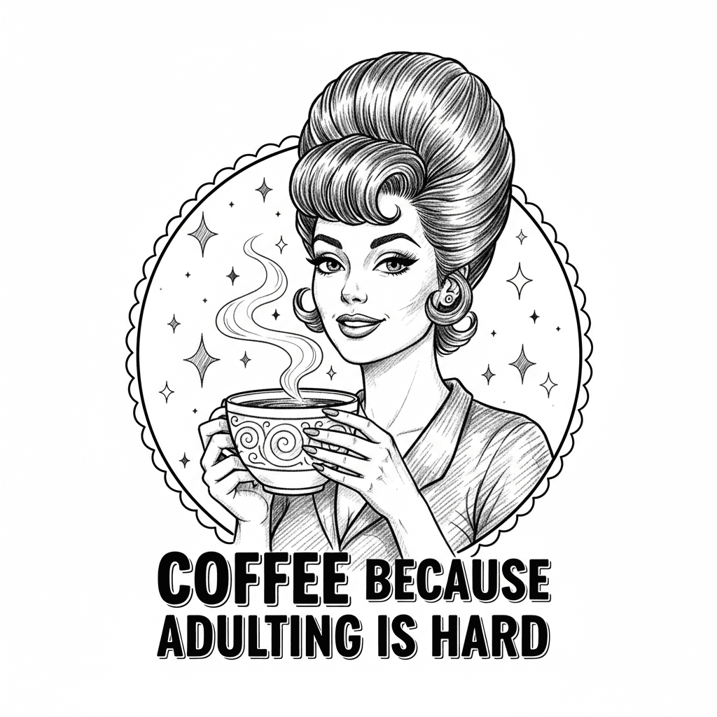 Design a retro 1960s pinup woman illustration with a tall beehive hairstyle and cat-eye makeup. She is holding an oversized coffee cup with steam rising from it, looking relieved and content. The style should be black and white vintage line art with detailed cross-hatching and shading. Add decorative stars and sparkles around her. Include the text "COFFEE BECAUSE ADULTING IS HARD" in bold vintage typography below the image. The design should evoke classic 1960s diner advertisement posters. Make it fun, relatable and suitable for a t-shirt or mug design.