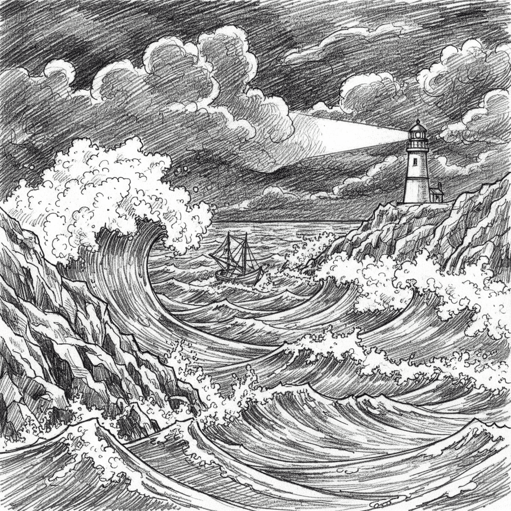 Craft a dramatic, large-format acrylic painting of a powerful ocean storm approaching a rugged coastline. Massive waves crash against rocky cliffs, sending spray high into the air. A lone fishing boat battles the turbulent waters in the middle distance, emphasizing the overwhelming force of nature. Dark, brooding storm clouds fill the sky, tinged with ominous grays and deep blues. A lighthouse on the cliff face bravely cuts through the gloom, its beam a solitary sign of defiance against the wild sea, illustrating both destructive power and enduring hope.