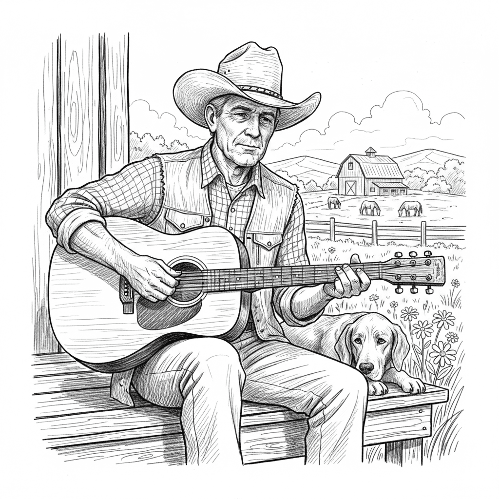 Create a refined black and white vector pencil sketch illustration featuring a dignified country musician in classic western attire playing acoustic guitar in a serene rural setting. The entire composition must be rendered in pure monochrome without any color, using only black lines and marks on white background. Depict a mature, weathered musician sitting on a wooden fence or porch, wearing an authentic cowboy hat with natural wear and character. Show the musician in a contemplative pose, focused on playing a beautifully detailed acoustic guitar with visible wood grain, inlays, and strings. In the background, create a pastoral landscape with a classic barn, rolling hills, wooden fences, and wildflowers using delicate line work and atmospheric perspective. Include a faithful dog sitting nearby or grazing horses in a distant pasture to enhance the authentic rural americana feel. Render the musician's face with character lines that tell a story of life experience, wisdom, and passion for music, avoiding any edgy or rebellious elements. The cowboy hat should show realistic straw or felt texture with a simple hatband. Clothing should be classic western wear - denim, plaid shirt, or vest - rendered with natural fabric folds and texture. Use sophisticated cross-hatching and stippling techniques to create depth, atmosphere, and a warm nostalgic mood. The composition should feel timeless, peaceful, and suitable for traditional home decor with genuine country music heritage aesthetic. The artistic style should reference Norman Rockwell's americana illustrations, vintage country music album covers, and classical portraiture with wholesome, family-friendly appeal that celebrates rural life and musical tradition