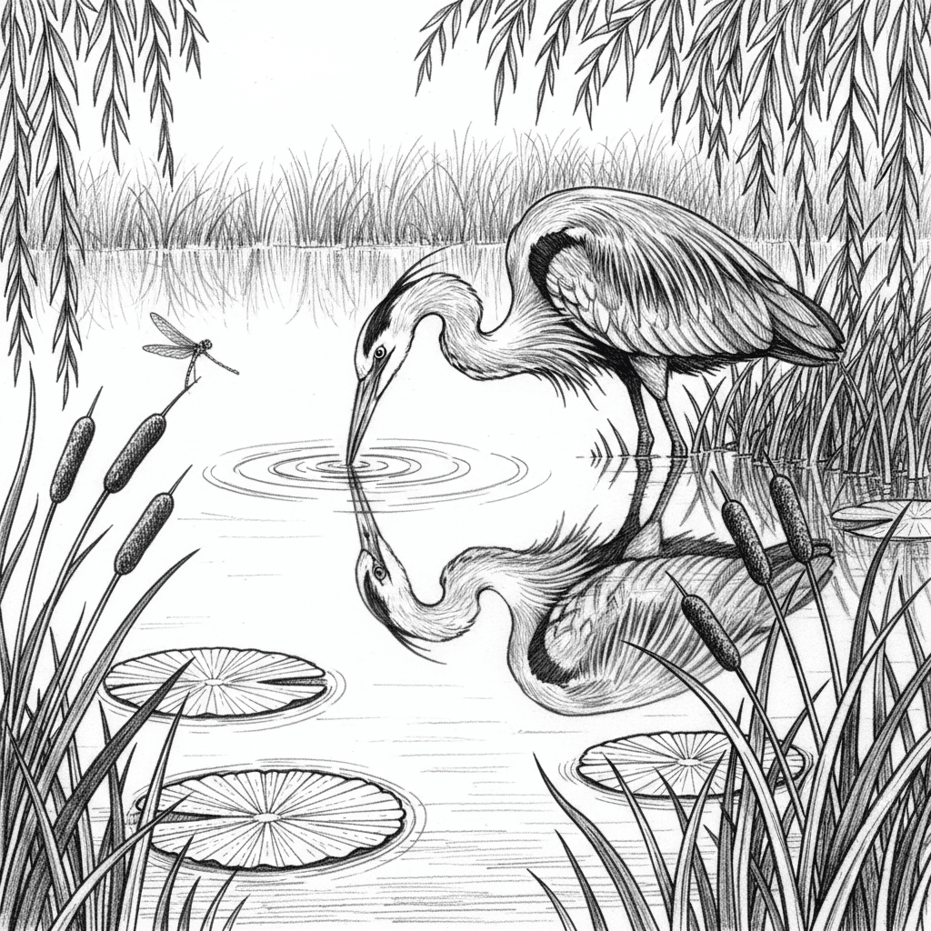 Great blue heron with curved neck drinking from still pond, cattails in foreground, lily pads floating, water ripples, perfect mirror reflection of heron, willow branches hanging overhead, dragonfly on reed, distant marsh grasses, morning mist on water surface, intricate feather details