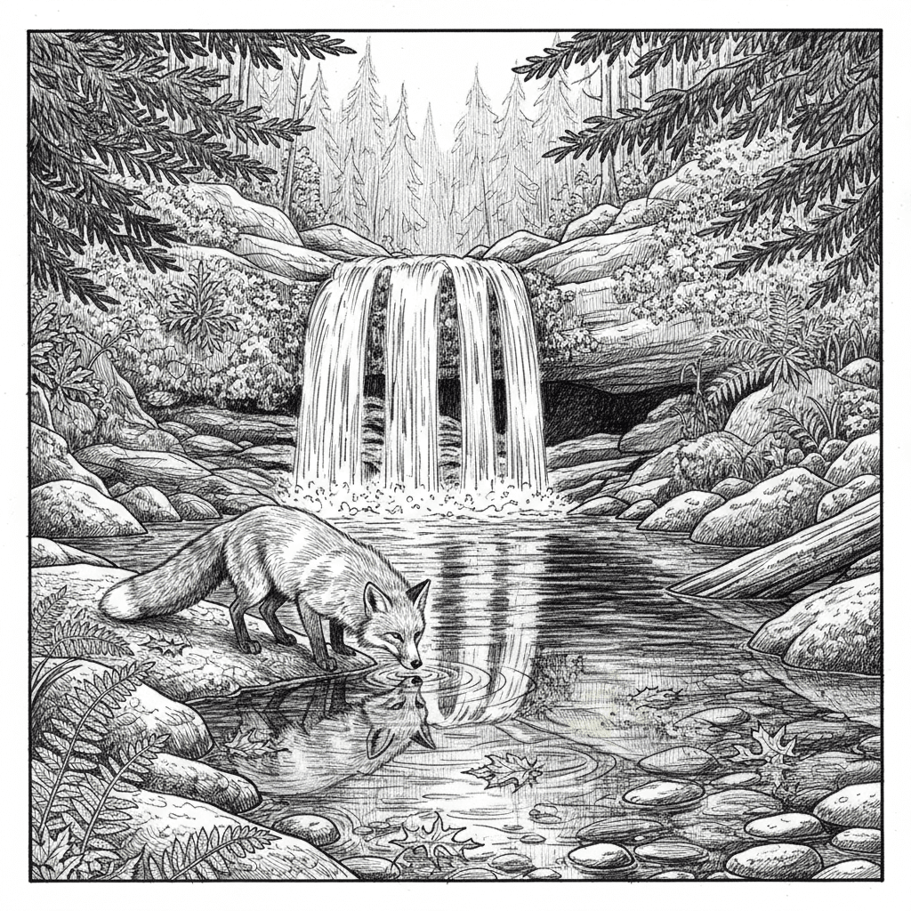 Red fox crouched at water's edge drinking from turbulent pool at base of cascading waterfall. Waterfall water cascading over multiple layered rock ledges creating white curtain of falling water and sound. Deep pool surrounded by moss-covered boulders showing lush green growth from constant moisture and spray. Fox's bushy tail visible with detailed fur texture showing red, white, and black color patterns. Fox's reflection visible in calmer section of pool near edge away from turbulent falling water. Spray from waterfall creating fine mist affecting light and creating rainbow effect in certain angles. Dense ferns growing from rock crevices around waterfall creating lush verdant frame and moisture-loving habitat. Fallen autumn leaves caught in pool's swirling eddies and back-currents showing water flow patterns. Smooth river stones on pool bottom visible through clear water showing rounded shapes from constant tumbling. Overhanging hemlock branches extending into frame from side creating natural dark frame element. Fox's alert ears positioned forward showing awareness of surroundings while drinking vulnerable at water. Weathered log partially submerged in pool creating underwater structure and habitat for small fish. Small cave or undercut visible behind waterfall showing erosion pattern and hidden space behind falling water. Moss and liverworts covering wet rocks creating various shades of green texture throughout scene. Background forest visible through mist showing layers of trees and vegetation creating depth and wilderness context.