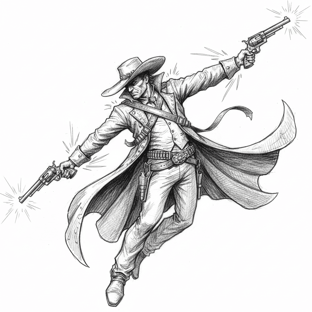 A dramatic black and white pencil sketch of a gunslinger frozen in climactic action, body twisted dynamically in contrapposto with coat tails swirling asymmetrically around him like wings. Arms extended at different heights aiming dual revolvers with intense focus and control. His face shows intense concentration, hat tilted dramatically, creating strong diagonal composition. Crossed bandoliers and ornate details catch light expressively. Bold, energetic cross-hatching with varied line weights creates explosive cinematic movement and raw emotional power, capturing the balletic violence and mythic heroism of the gunfighter legend with baroque drama and visual poetry.