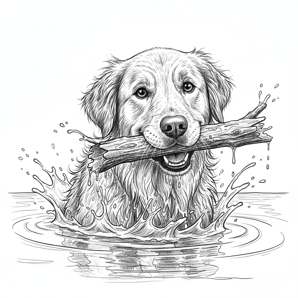 Design a captivating black and white vector illustration in pencil sketch style showing a retriever dog with a stick in its mouth, partially submerged in water. The entire composition must be purely monochromatic without any color, using only black lines and marks on white background. Create realistic wet fur texture through directional cross-hatching that shows the weight and dampness of the coat. Render dynamic water splashes with energetic line work and droplets frozen in motion. Capture the joyful, engaged expression in the dog's eyes with careful highlight placement. Include detailed water surface with ripples and reflections using curved parallel lines. The stick should show wood texture with bark details. Use varying line densities to show the transition between dry and wet fur. The composition should convey movement and playful energy. The artistic style should combine realism with illustrative flair typical of contemporary pet portraiture.