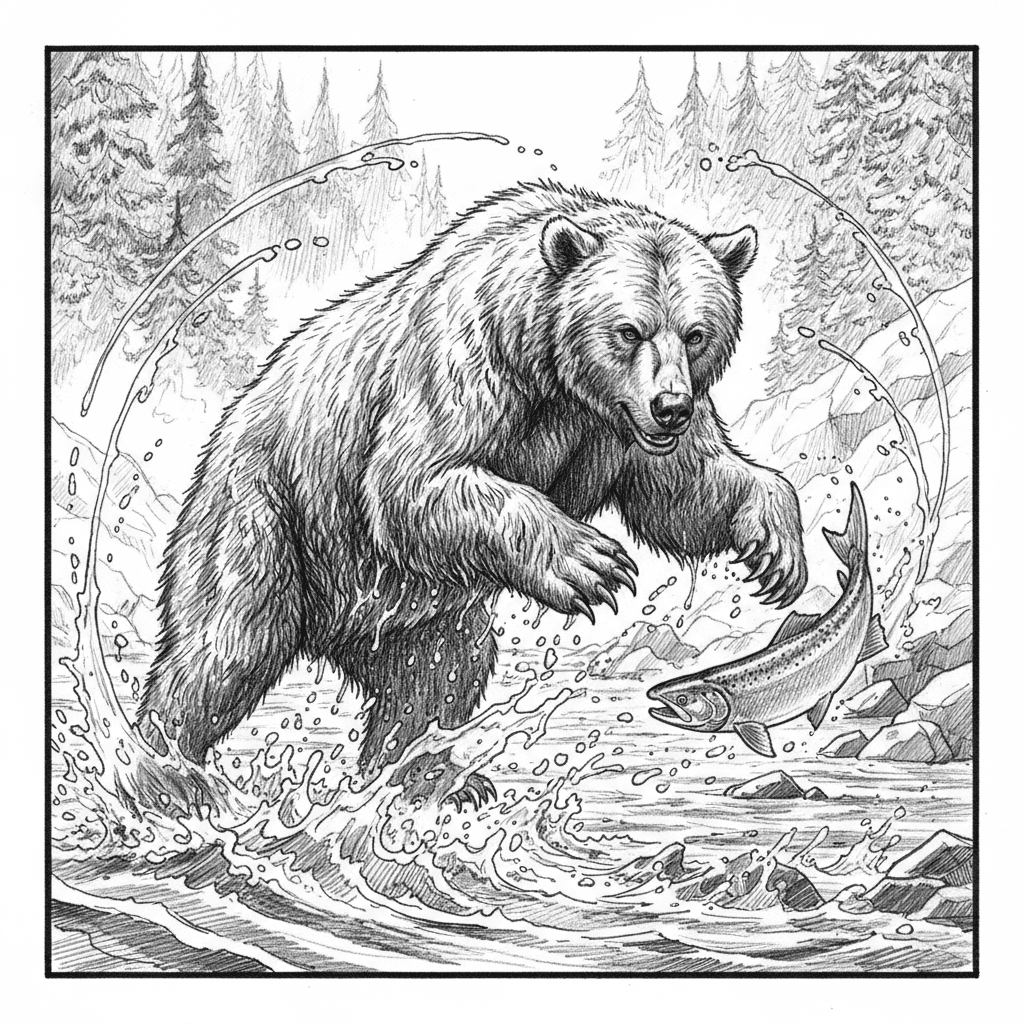 A dramatic black and white pencil sketch of a powerful grizzly bear standing in rushing river waters, body twisted dynamically as it lunges for a leaping salmon. The bear's muscular form is captured mid-motion with one massive paw raised elegantly, claws extended, water droplets frozen in artistic arcs around its fur. Its face shows intense focus and primal grace, mouth open in anticipation. Intricate cross-hatching creates texture in wet fur and splashing water with baroque energy. Background features misty forest and rocks composed asymmetrically, with fine hatching building atmospheric depth and capturing the raw poetry of nature's eternal dance between predator and prey.