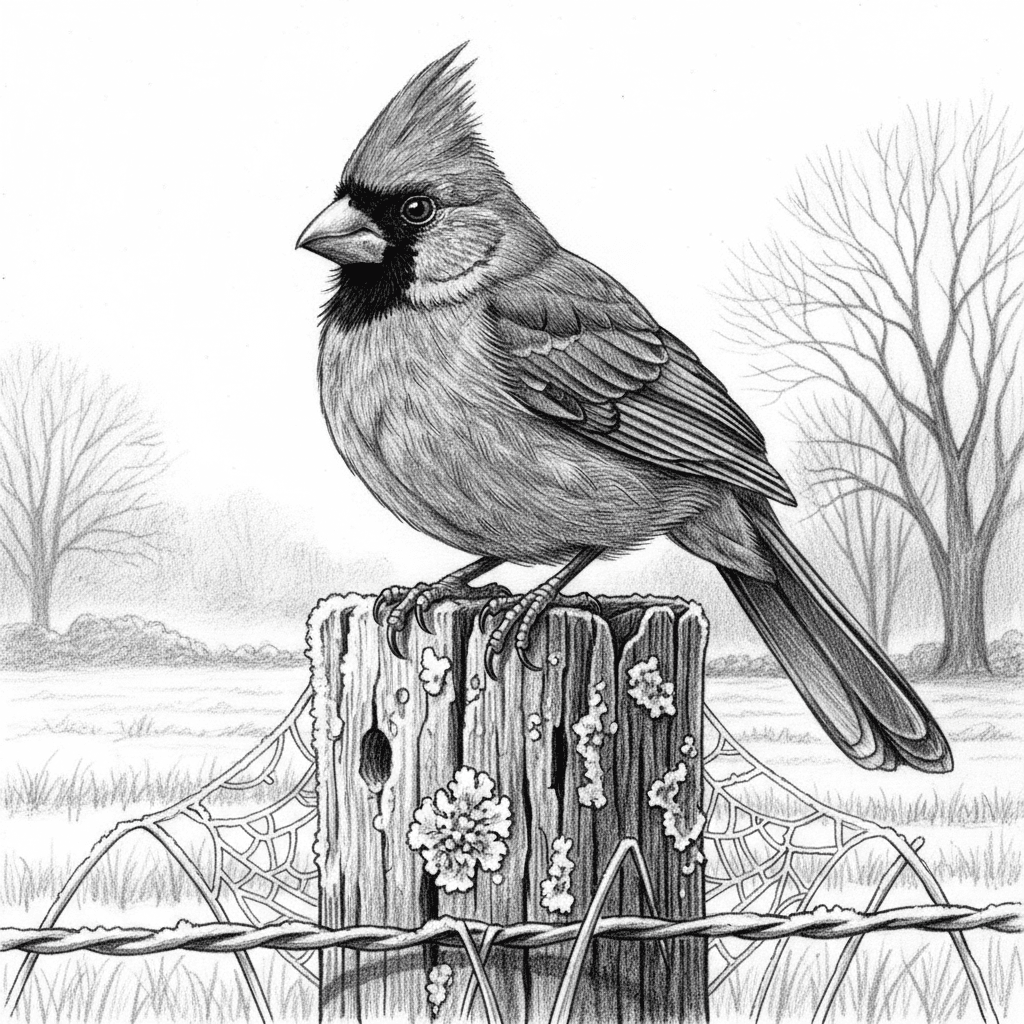 A atmospheric pencil composition of a male Northern Cardinal on a frost-covered fence post at dawn, rendered with dramatic lighting on pure white paper using graphite. Draw the cardinal in a relaxed morning posture, perhaps preening or simply observing the awakening day, with full crest visible and rich dark values creating strong presence. Every feather should be meticulously rendered showing the overlapping pattern, soft texture of body feathers contrasting with structured flight feathers, and the way early morning light defines feather edges with subtle highlights. The black facial mask should be rendered in deep, rich blacks that make the eye stand out. Show fine details like individual toe scales, sharp curved claws gripping the post, and leg feathers (tibiotarsal feathers) covering the upper leg. The weathered wooden fence post should be drawn with exceptional texture - deep cracks from years of weather exposure, wood grain patterns clearly visible, areas of silver-gray weathering alongside darker preserved wood, lichen patches with their crusty texture in varied patterns, and perhaps old nail holes or wire marks. The top of the post should be slightly cupped from wear with the cardinal positioned naturally in this depression. Cover everything in heavy frost creating magical textures - individual ice crystals on the wood rendered with precise geometric forms, frost patterns following wood grain creating natural designs, hoar frost on the cardinal's perch creating a white frosted edge, and the way frost catches and reflects early light. The background should suggest dawn atmosphere with soft gradations suggesting the sky transitioning from darkness to light, bare winter trees silhouetted against the brightening sky with intricate branch patterns, a suggestion of farm fields or meadow in soft atmospheric perspective, and perhaps ground fog hovering low creating mystery. Add foreground elements like frost-covered grass stems bending under ice weight, frozen spider webs transformed into jewelry by frost, and fence wire with ice accumulation. Use dramatic chiaroscuro with the cardinal illuminated against darker background elements. This scene should capture the quiet magic of a winter dawn with the cardinal as a brilliant herald of the new day.