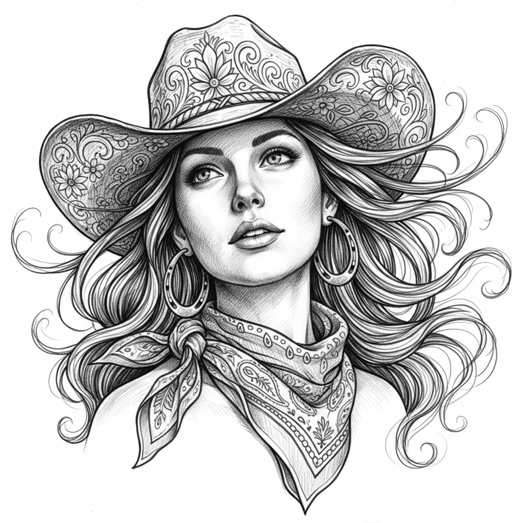A highly detailed black and white pencil sketch portrait of a wild cowgirl with flowing wavy hair cascading naturally, wearing a wide-brimmed straw cowboy hat with ornate patterns, tilted at an artistic angle. She gazes upward with a dreamy, contemplative expression, her face softly illuminated with delicate shadows. Horseshoe hoop earrings catch the light, and a loosely tied patterned bandana drapes elegantly around her neck. The artwork features intricate cross-hatching with romantic, flowing lines capturing the ethereal beauty and free spirit of the wild west, with windswept hair creating organic movement and graceful composition
