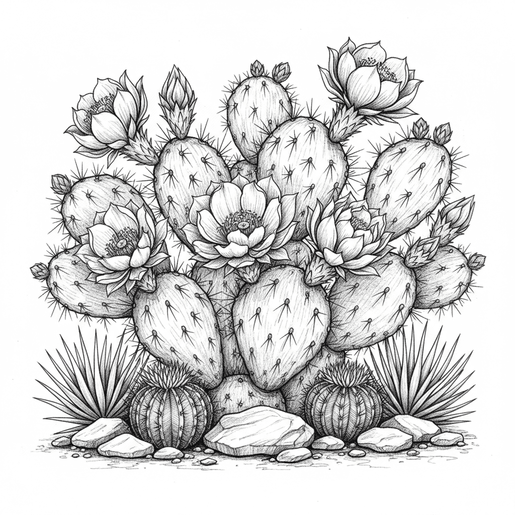 A botanical black and white pencil sketch of a mature prickly pear cactus composed with artistic asymmetry, pads arranged in organic, graceful curves rather than geometric stiffness. Multiple blooming flowers open at varied stages, some facing the light dramatically, creating visual rhythm and natural beauty. Intricate spine clusters are rendered with delicate precision. The base features barrel cacti, yucca plants, and rocks arranged in pleasing, natural composition with emphasis on negative space. Fine cross-hatching and stippling create depth and botanical poetry, celebrating the unexpected elegance and resilient beauty of desert flora with scientific accuracy and artistic soul.