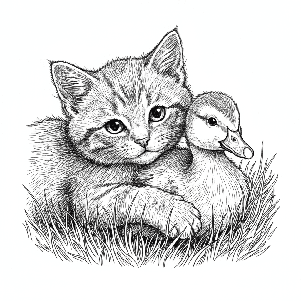 Design an intricate black and white vector pencil sketch illustration depicting a tender moment between a young kitten and a duckling resting together in grass. The artwork must be entirely in monochrome using only black ink on white background with absolutely no color tones. Employ fine cross-hatching to render the soft, fluffy fur of the kitten with individual hair-like strokes visible. Create contrast between the smooth feather texture of the duckling and the fuzzy kitten fur through different mark-making techniques. Include detailed grass blades in the foreground using parallel lines of varying lengths. Focus on capturing the peaceful, gentle expressions of both animals with careful shading around the eyes. The composition should convey warmth and friendship through close positioning of the subjects. Use varying line densities to achieve realistic shadows and highlights. The style should reference classical natural history illustrations.